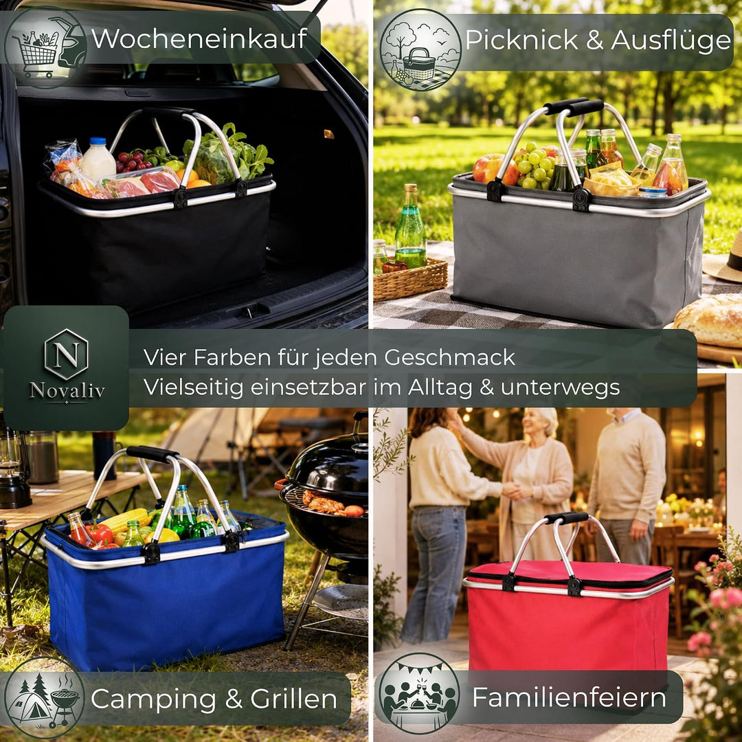 Novaliv Einkaufskorb faltbar Thermokorb mit Kühlfunktion 30 Liter WEINROT Isolierkorb mit gepolstert