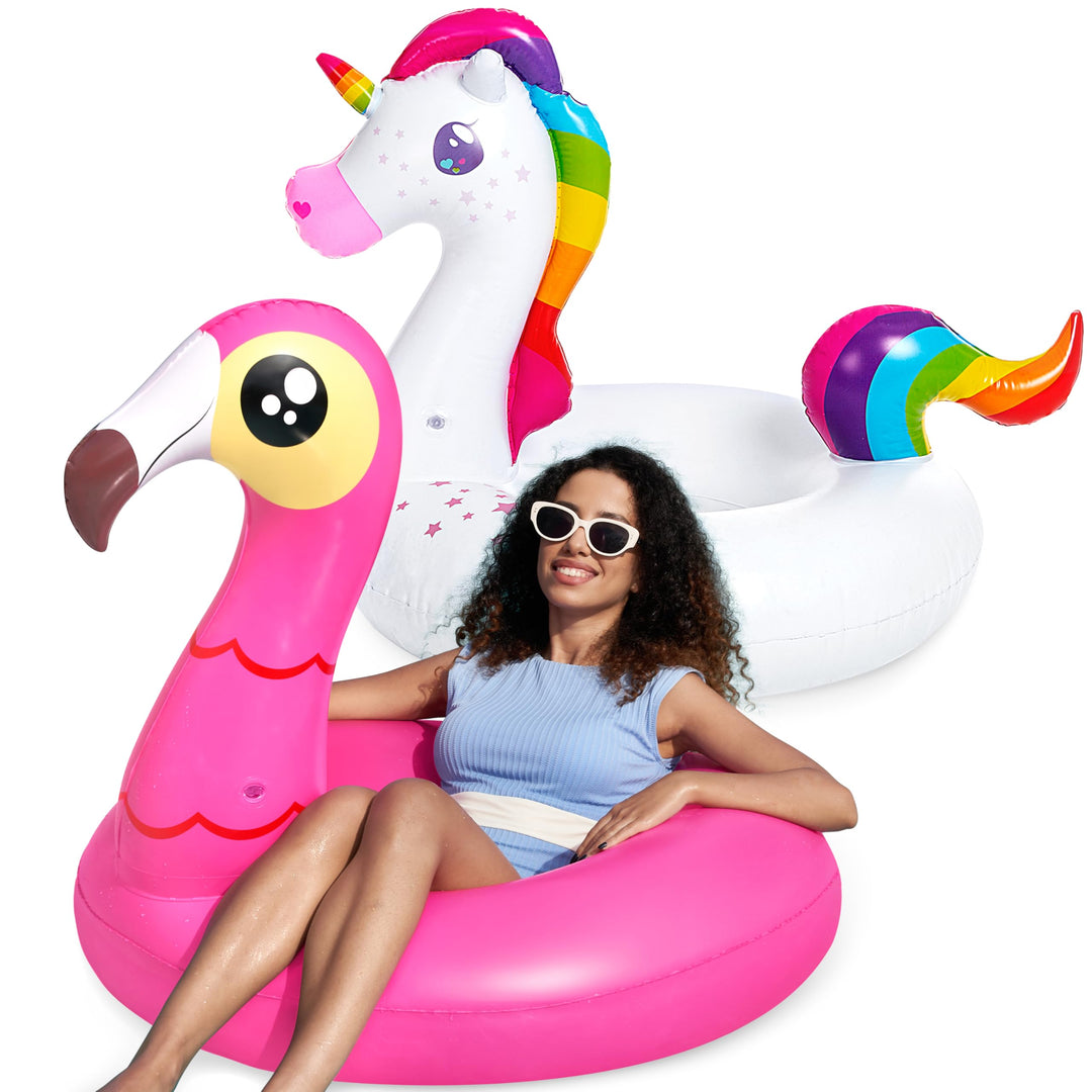 JOYIN 2 Pack Aufblasbare Einhorn und Flamingo Luftmatratze mit Glitzer, Pool Float, Schwimmtier Luft