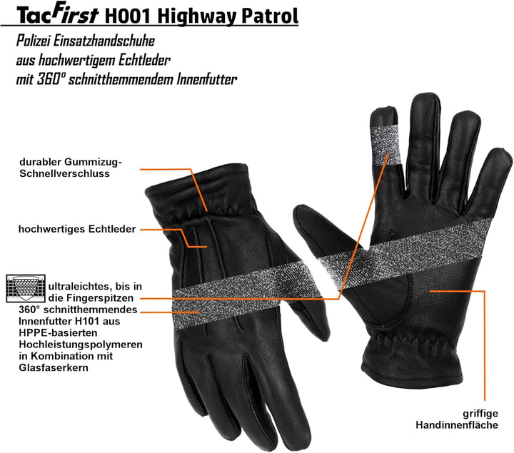TacFirst Highway Patrol H001 POLIZEI Echtleder Einsatzhandschuhe 360° Schnitthemmend, Security Hands