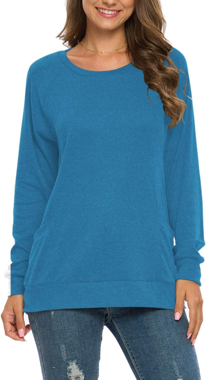 AUSELILY Damen Langarmshirts Rundhals T Shirts Blusen Tunika Sweatshirt Pullover Mit Taschen Blau S,