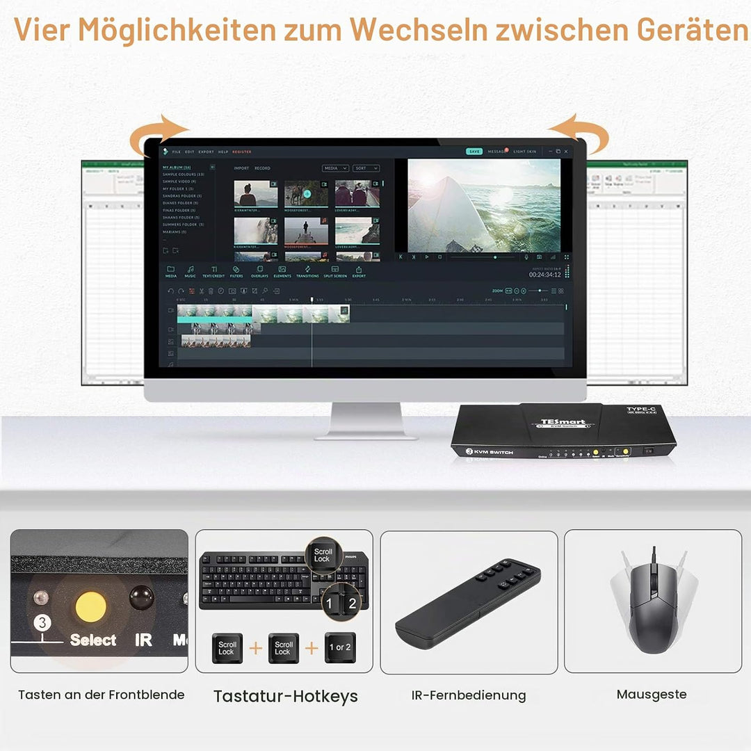 TESmart 3 Port USB Type C KVM Switch 4K@60Hz 4:4:4 Ultra HD | 3x1 USB C KVM-Umschalter 3 in 1 out Un