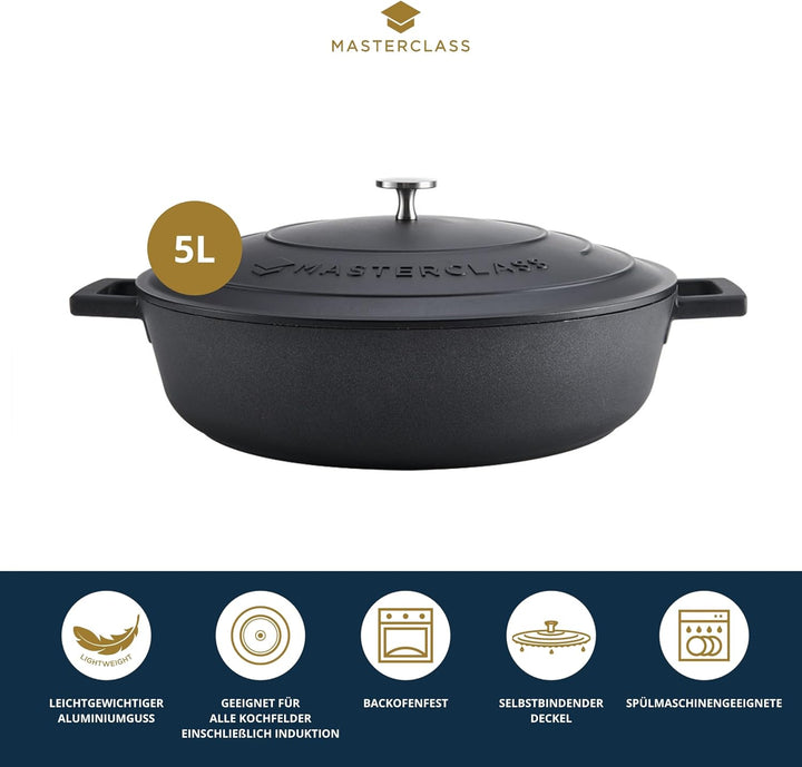 MasterClass Auflaufform mit Deckel, flach, 5 l/32 cm, leichter Aluminiumguss, Induktionsherd und ofe