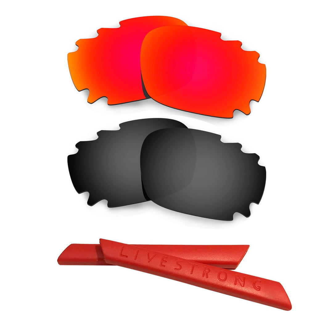 HKUCO Red/Black Polarized Replacement Lenses plus Red Earsocks Rubber Kit For Oakley Racing Jacket V