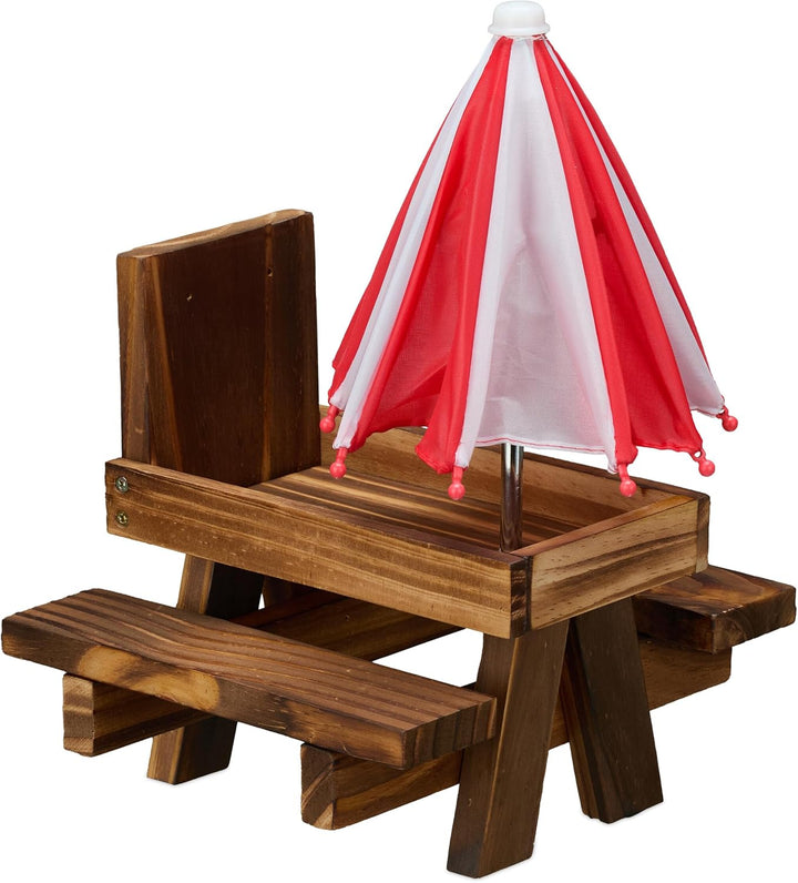 Relaxdays Eichhörnchen Tisch, Holz, Eichhörnchenbank mit 2 Schirmen, Eichhörnchen-Picknicktisch zum