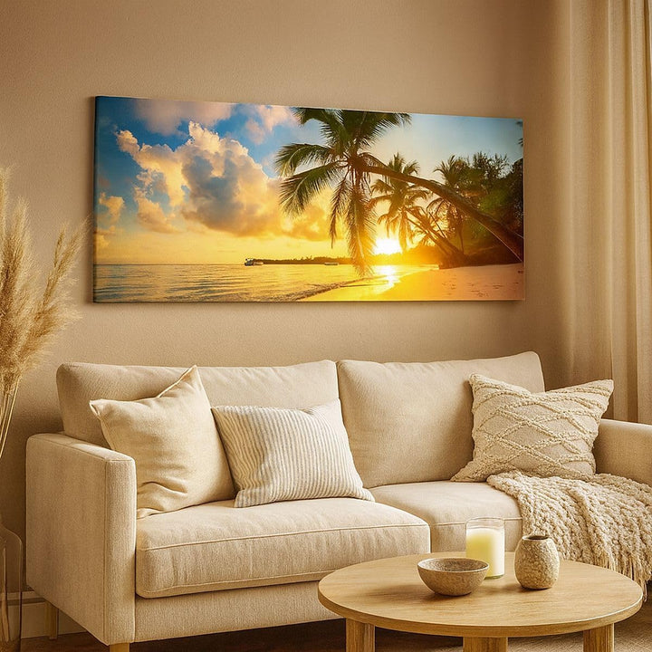 Wandbilder Dekoration Wohnzimmer Meer Strand Palme Panorama Bilder auf Leinwand 120x50cm Leinwandbil