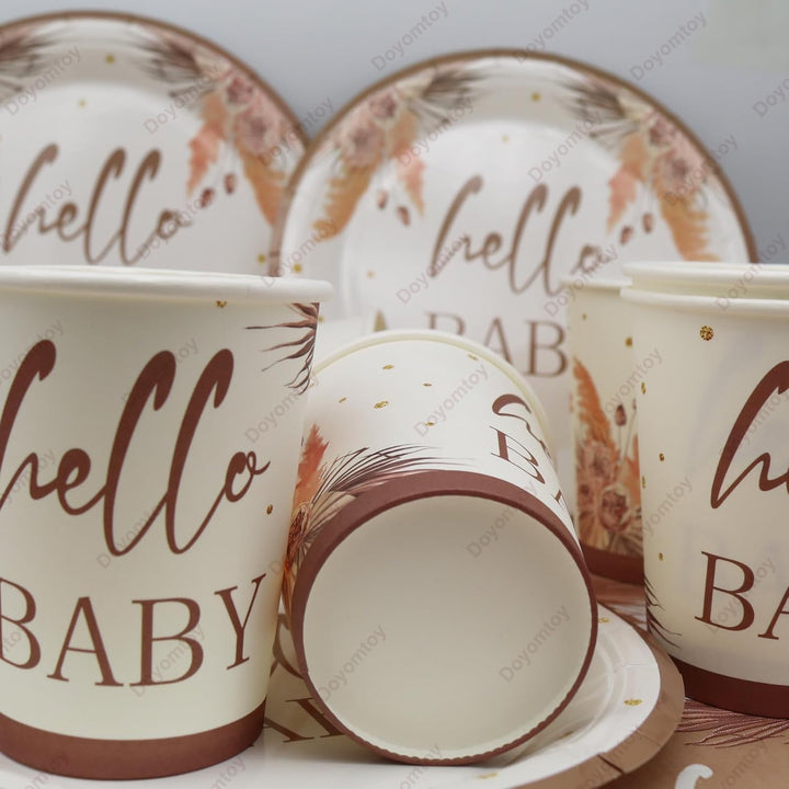 Doyomtoy Boho Baby Shower Partygeschirr,61Stück Baby Shower Papiergeschirr Set - Pappteller Papiertü