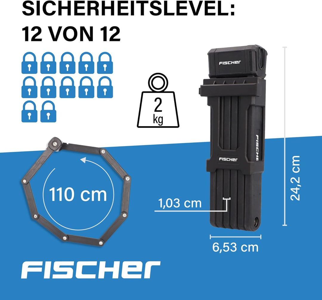 Fischer Fahrrad Faltschloss mit Schlüssel PROTEC Plus+ FK110, flexibel und kompakt, mit Soft-Materia