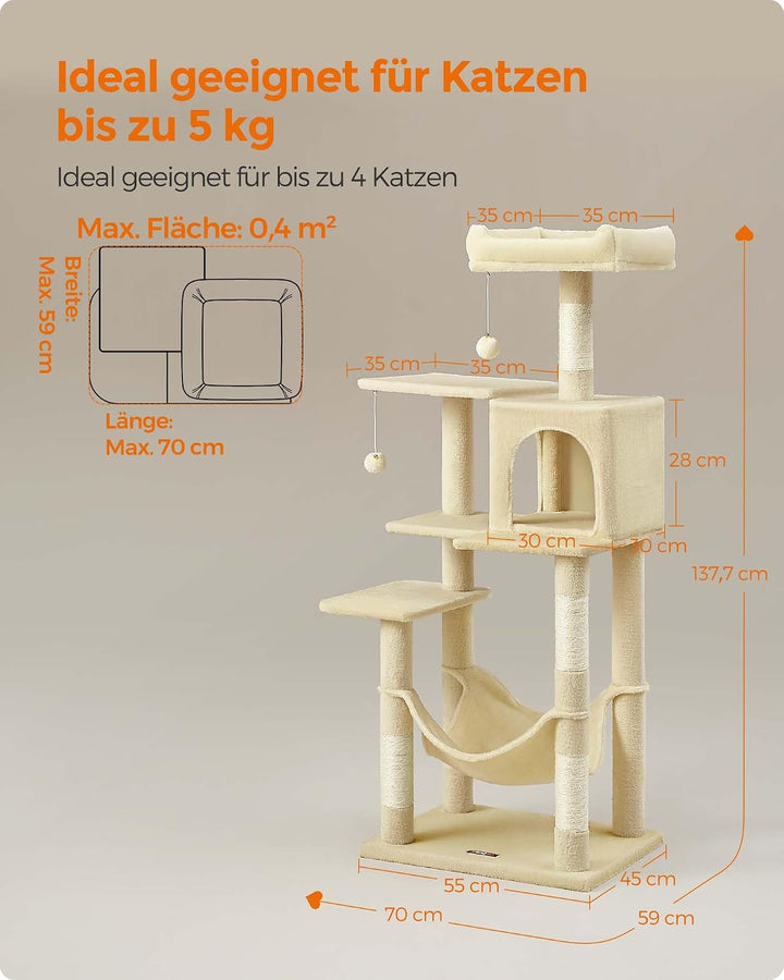 Feandrea Kratzbaum, 143 cm hoch, Katzenbaum, mehrstöckiges Katzenhaus, mit 4 Kratzsäulen, 2 Plattfor