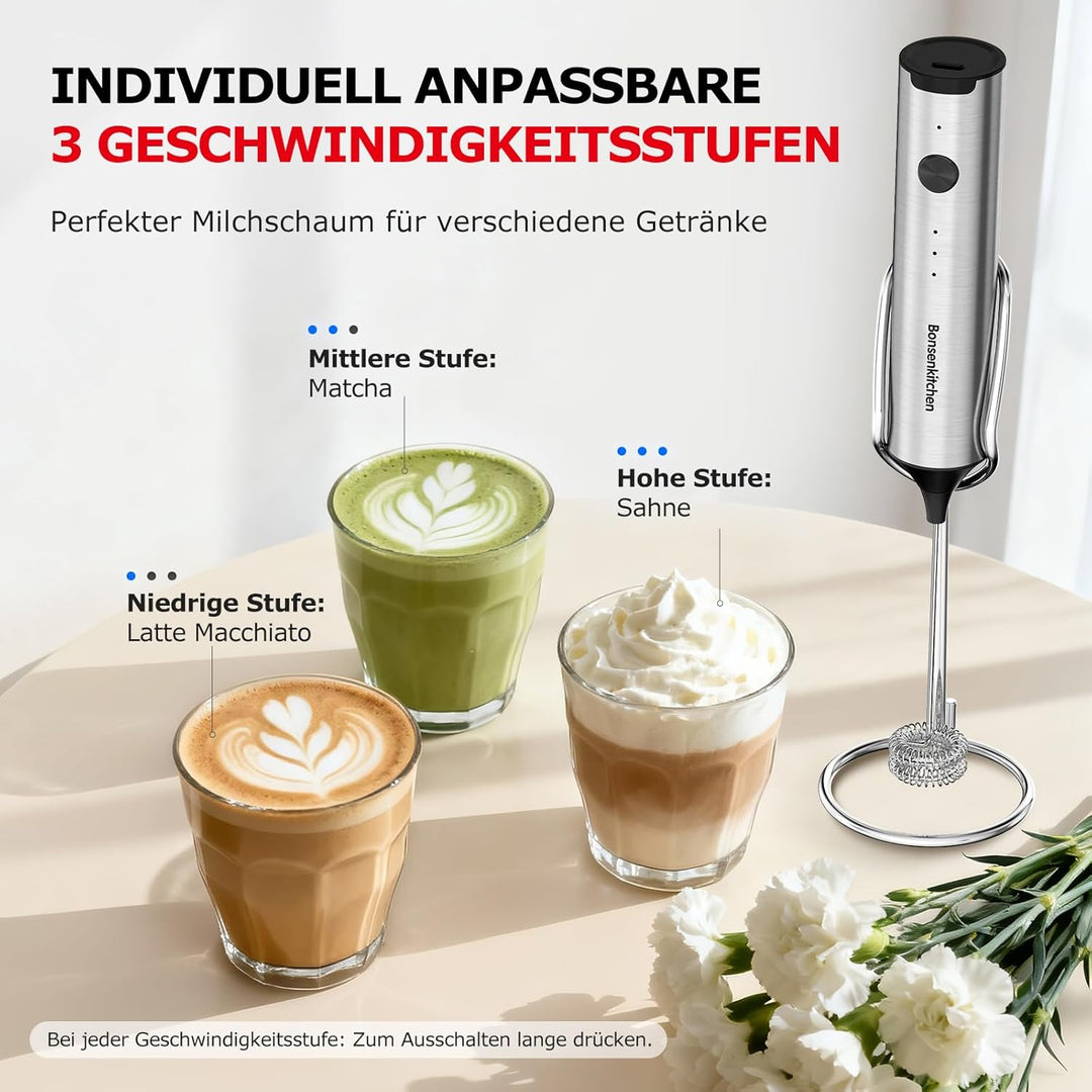Bonsenkitchen Wiederaufladbarer Handmilchaufschäumer mit Ständer, 3-Geschwindigkeiten elektrischer M