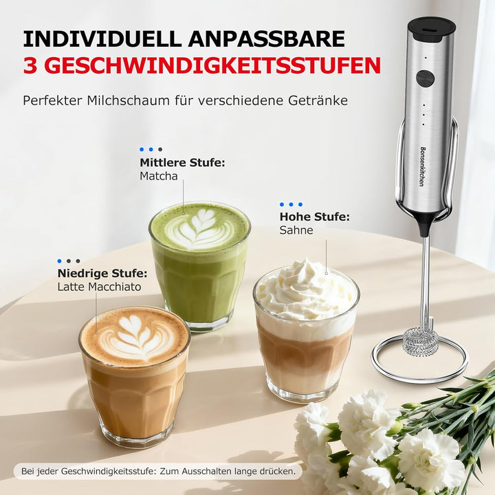 Bonsenkitchen Wiederaufladbarer Handmilchaufschäumer mit Ständer, 3-Geschwindigkeiten elektrischer M