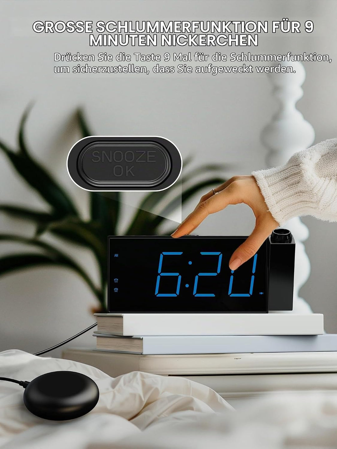Mesqool Projektionswecker für Schlafzimmer, Lauter Vibrationswecker für Schwerschläfer, Hörgeschädig