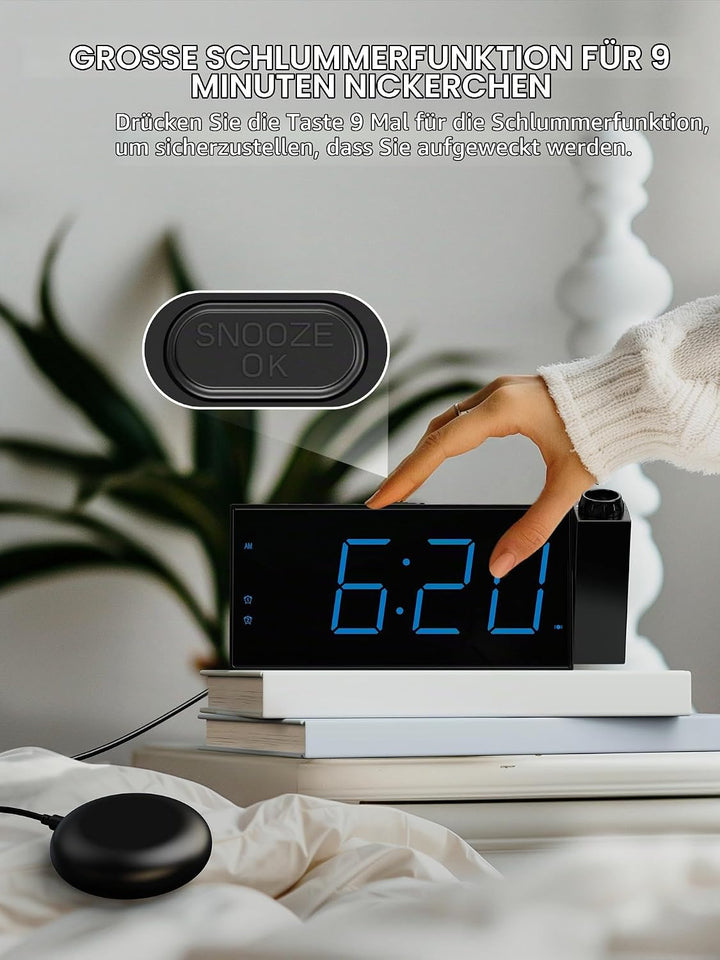 Mesqool Projektionswecker für Schlafzimmer, Lauter Vibrationswecker für Schwerschläfer, Hörgeschädig