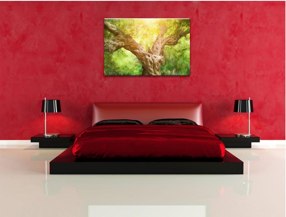 Pixxprint Mächtiger Baum im Wald Kunst Pinsel Effekt, Format: 100x70 auf Leinwand, XXL riesige Bilde