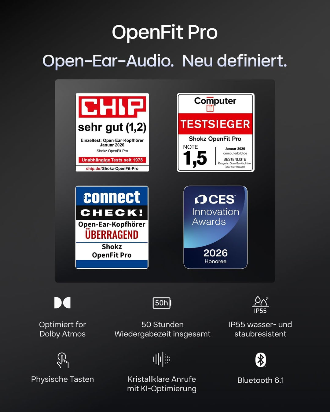 SHOKZ OpenFit Pro Open-Ear-Kopfhörer mit Open-Ear Geräuschreduzierung, Optimised for Dolby Atmos, Ti
