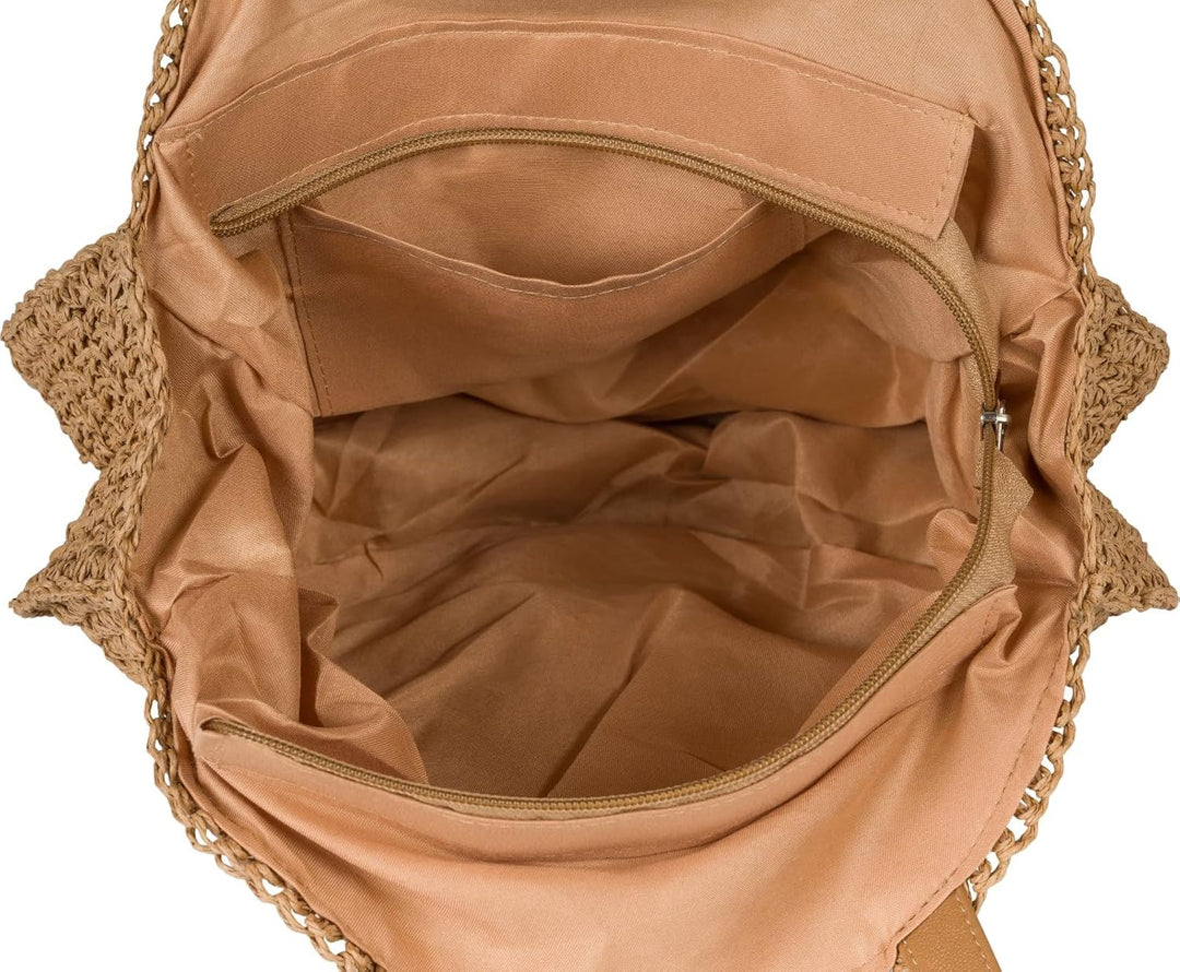 styleBREAKER Damen Runde Schultertasche aus geflochtenem Papierstroh, Henkeltasche, Reissverschluss,