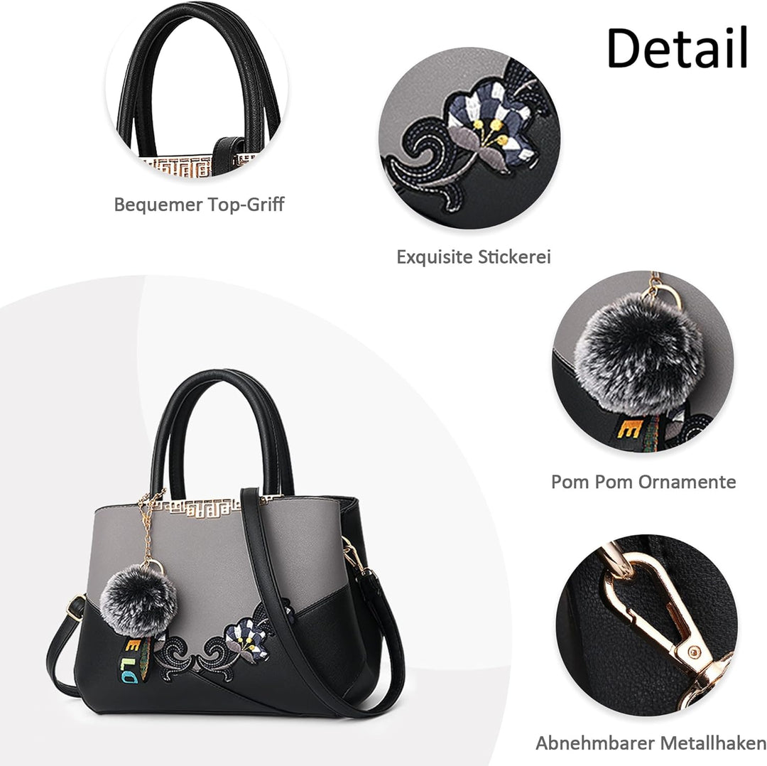 DORRISO Damen Handtasche Mode Stickdesign Schultertasche Grosse Kapazität Umhängetasche Casual Reise