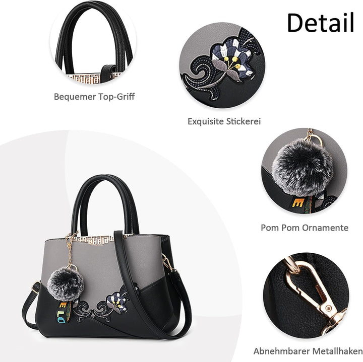 DORRISO Damen Handtasche Mode Stickdesign Schultertasche Grosse Kapazität Umhängetasche Casual Reise