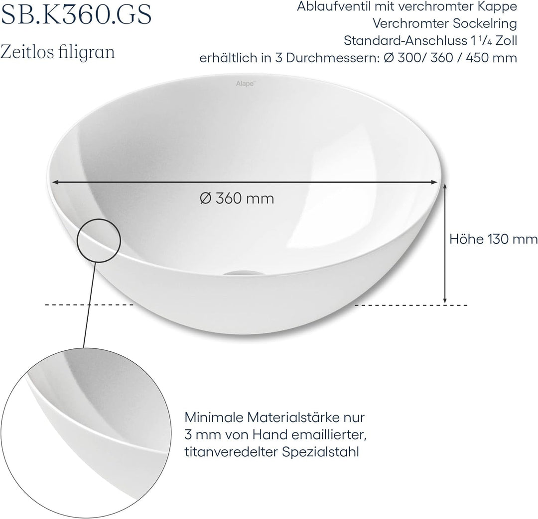 Alape˘ Waschschale, Waschbecken aus glasiertem Stahl in der Oberfläche alpinweiss, rund, Ø 36cm, Höh