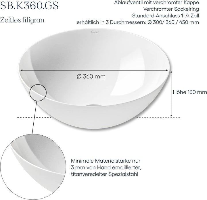 Alape˘ Waschschale, Waschbecken aus glasiertem Stahl in der Oberfläche alpinweiss, rund, Ø 36cm, Höh