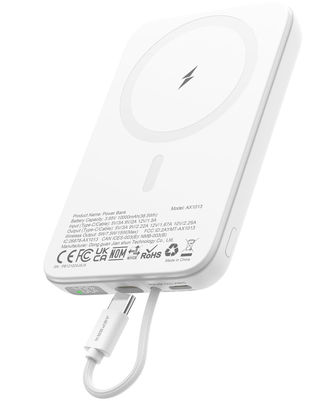 AsperX PD 22.5W 10000mAh Magnetische Powerbank für MagSafe | Mit USB-C Kabel,LED-Display,Portable Sl