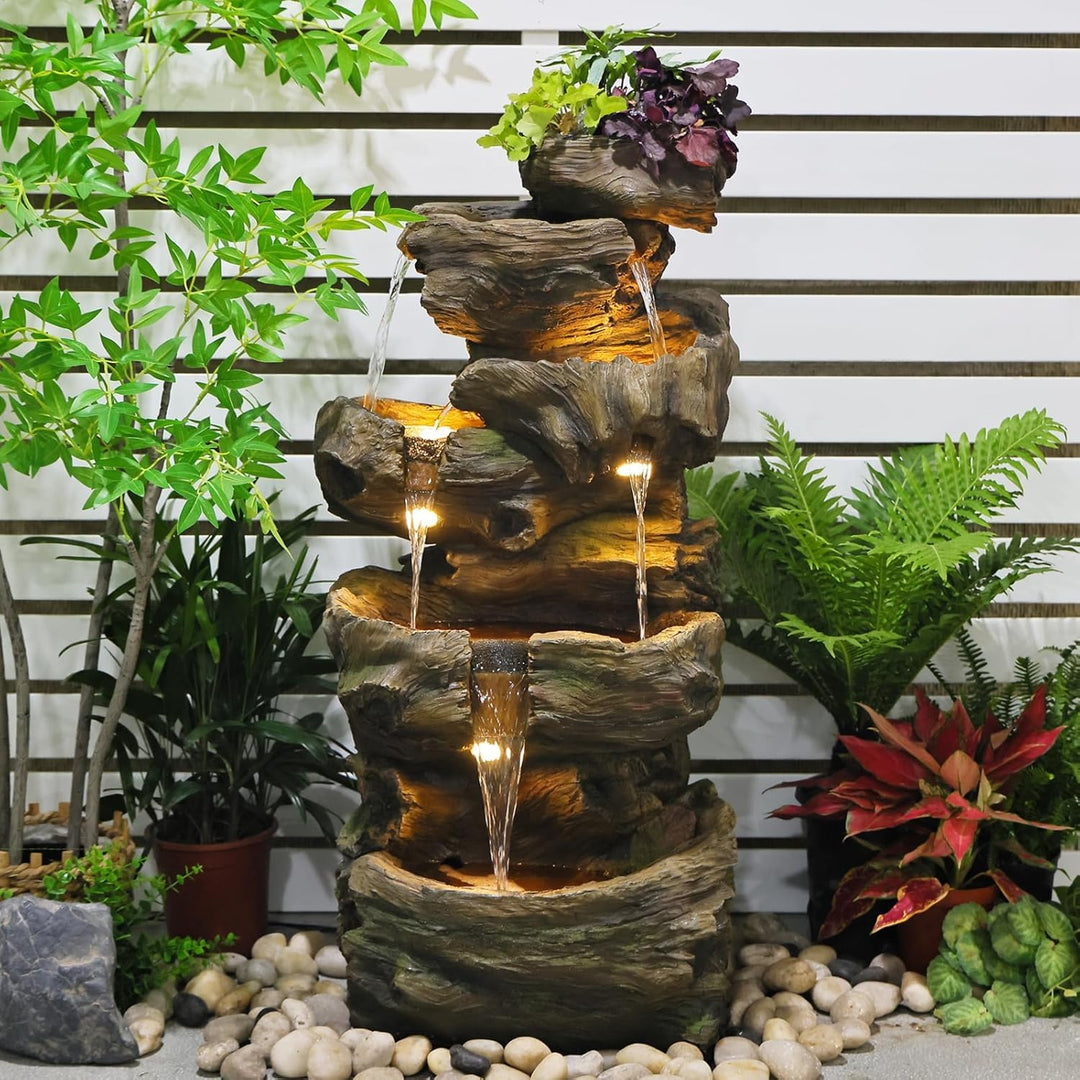 Sunlinua 103 cm H 4-stufiger Gartenbrunnen im Felsen-Look mit LED, Wasserfall und Springbrunnen für