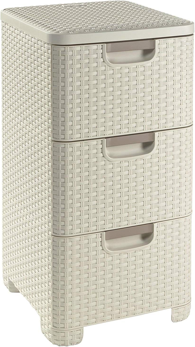 CURVER Rattanoptik 3 x 13,5 Liter Schubladenturm, Plastik, cremig, 33.0x38.0x59.5, Cremig