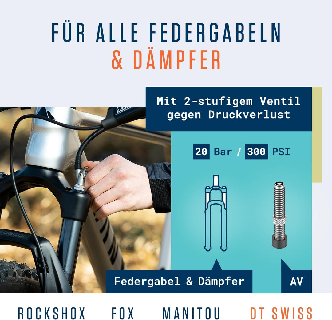 Alphatrail Dämpferpumpe Bob - Für alle Luftdämpfer und -gabeln 300 PSI / 20,7 Bar Maximaldruck 2-Stu