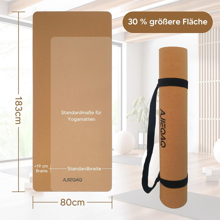 Premium Kork Yogamatte aus Naturkautschuk - Extra Breit (183x80 cm) & 5mm Dick - Rutschfeste XXL Fit