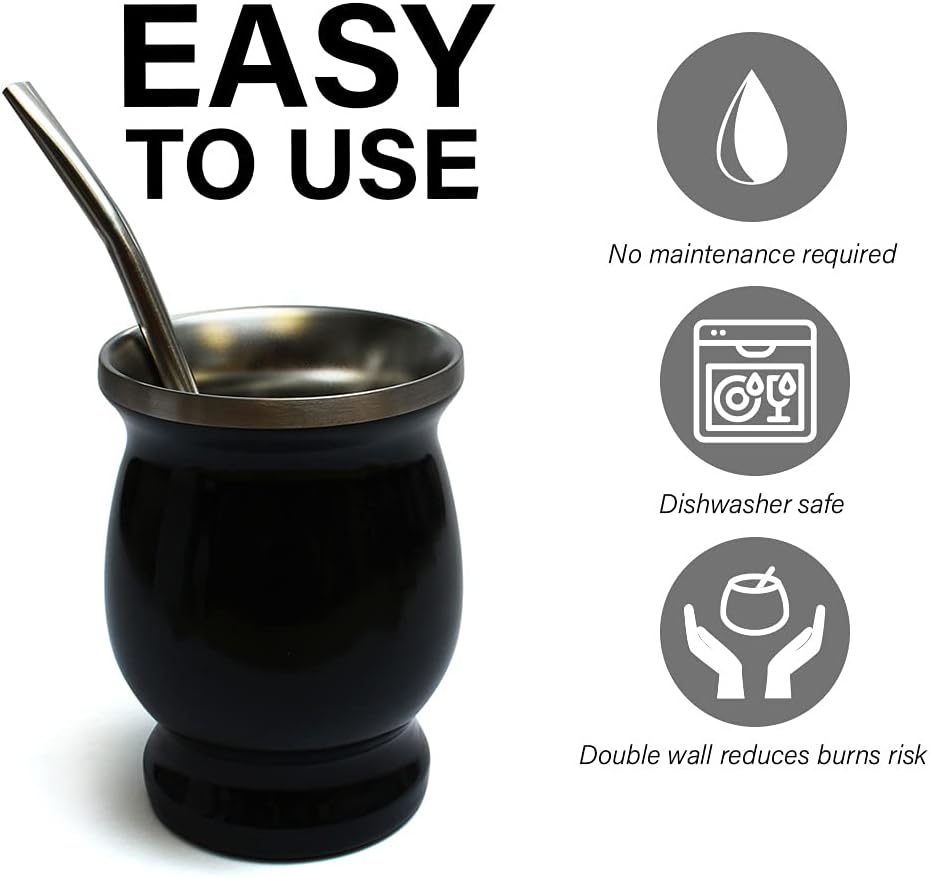 Yerba Mate-Tee Set fur Zwei Edestahl Termomate Becher Schwarz und Silver | Bombilla Stohhalm fur mat