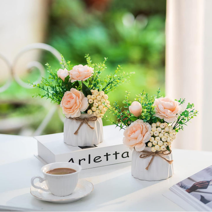 BLOSMON Kunstblumen im Topf Deko: 2 Stück Mini Champagner Künstliche Rosen Künstlich Blumen mit Vase