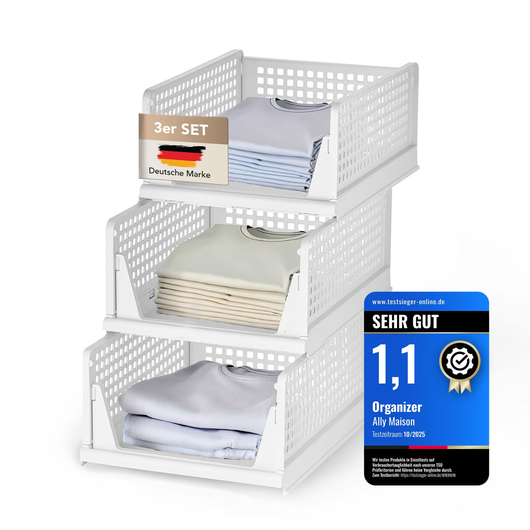 Ally Maison® Schrank Organizer 3er Set (Faltbar & Stapelbar) – Kleiderschrank Organizer Boxen, platz