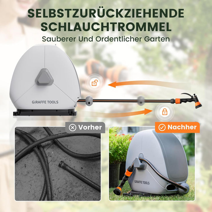 Giraffe Tools Ausziehbare Schlauchtrommel mit 25 m, robuste Bodenmontage, Gartenschlauchtrommel, mit