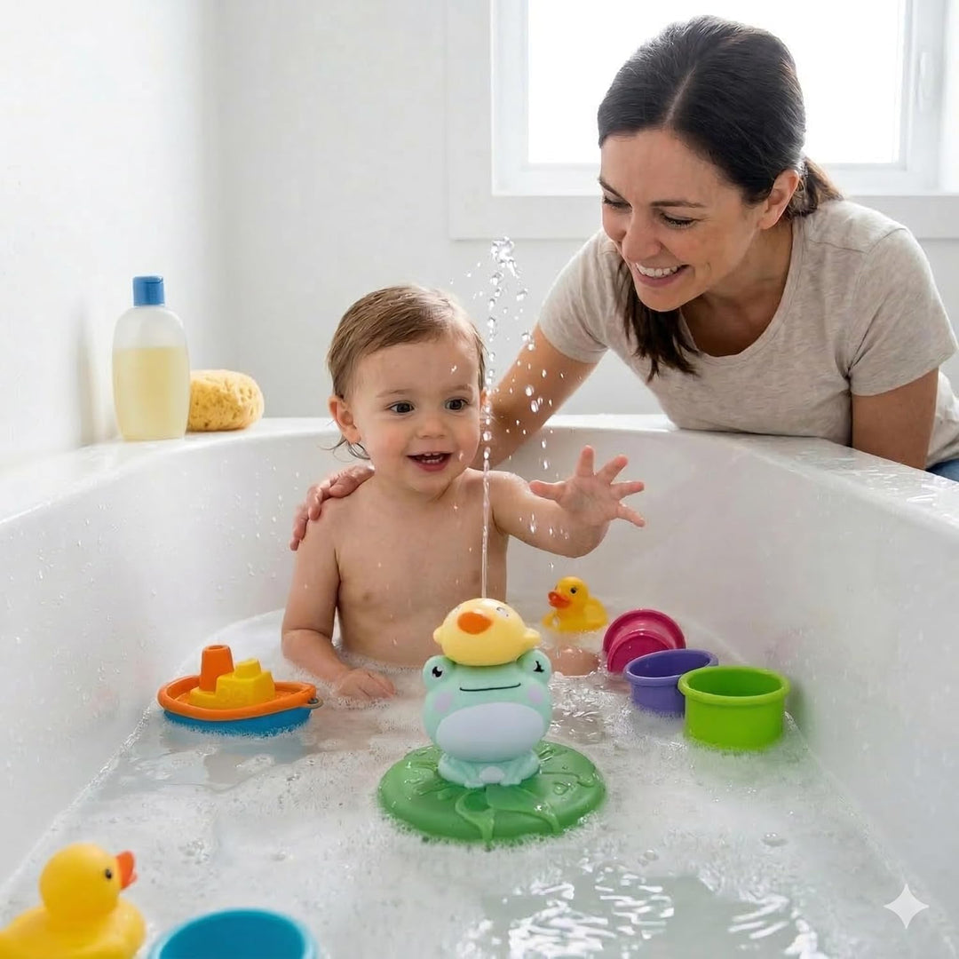 SPITZER TOYS Schwimmender Badefrosch mit Wassersprinkler, Badespielzeug für Badewanne & Pool, Wasser