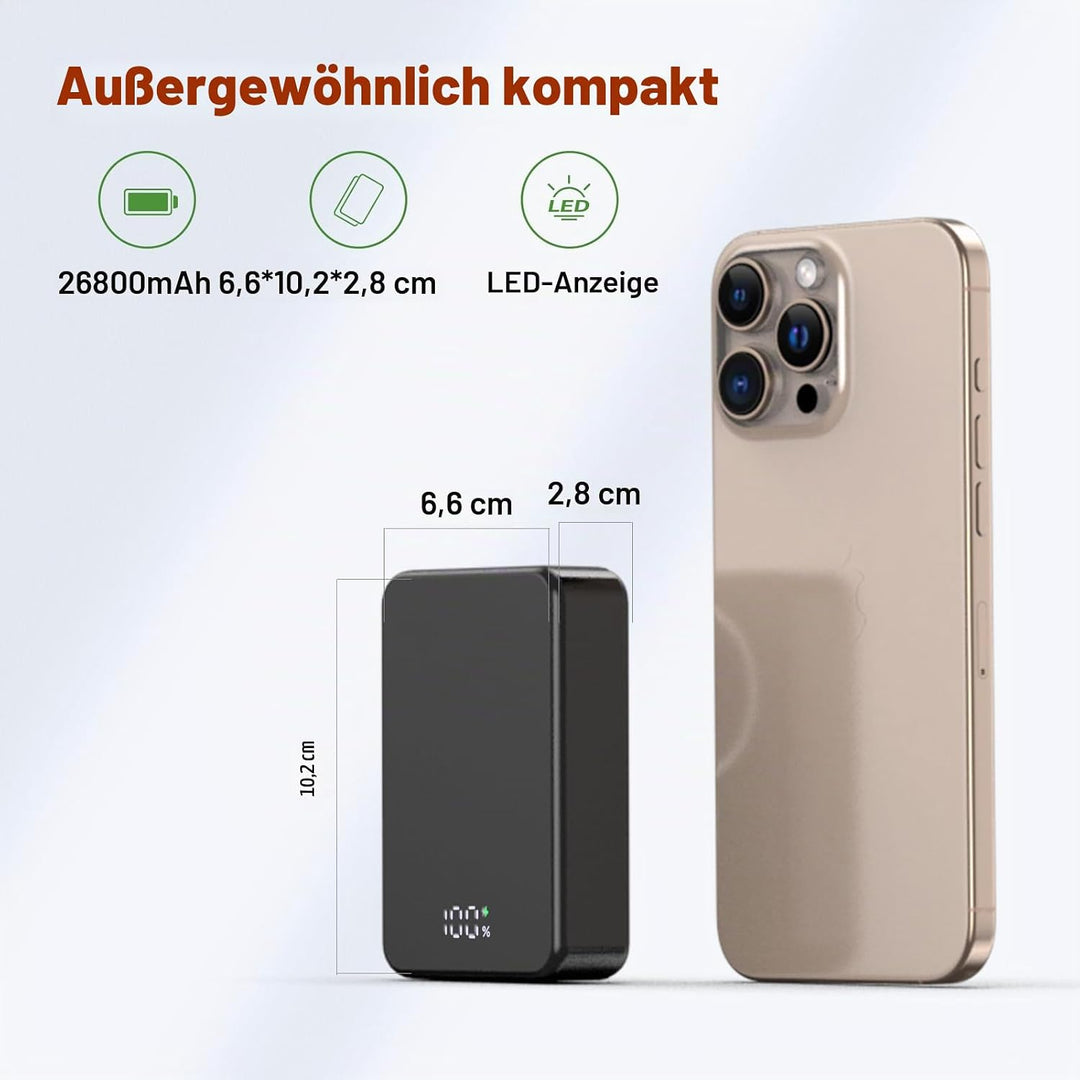 Magnetische Wireless Power Bank, 26800mAh schnelles tragbares Ladegerät, USB C in&amp;Out Telefon-Akku-P
