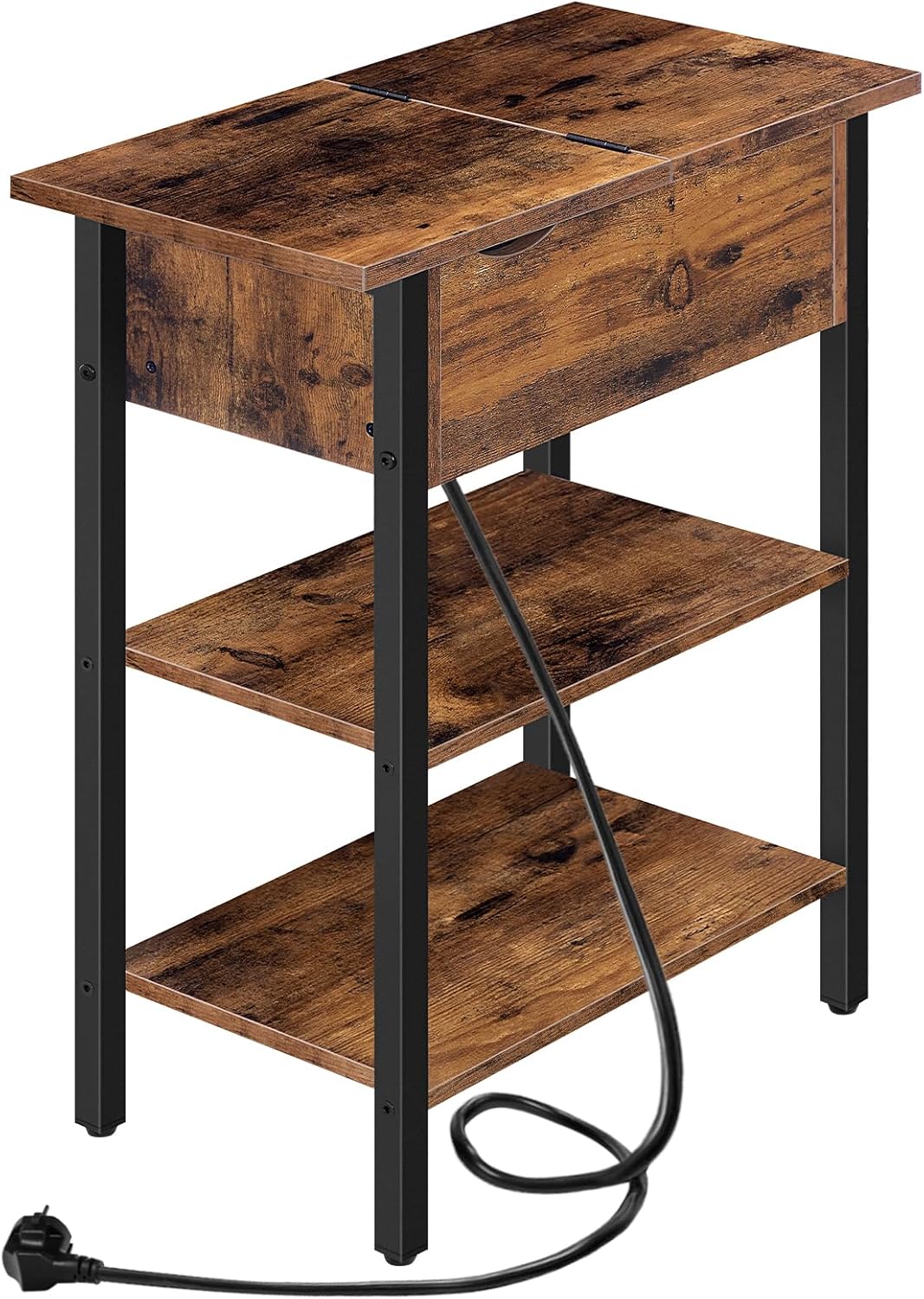 HOOBRO Beistelltisch, Flip-Top Sofatisch mit Ladestation und Ablagefläche, Schmaler Nachttisch für k