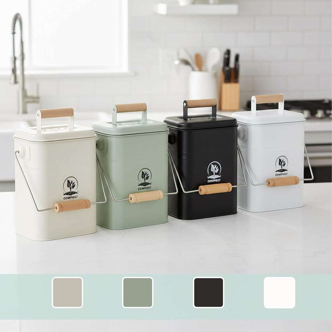 Relaxdays Komposteimer Küche, 3,5 Liter, 2 Aktivkohlefilter, Deckel, Henkel, Eisen & Holz, Biomüllbe