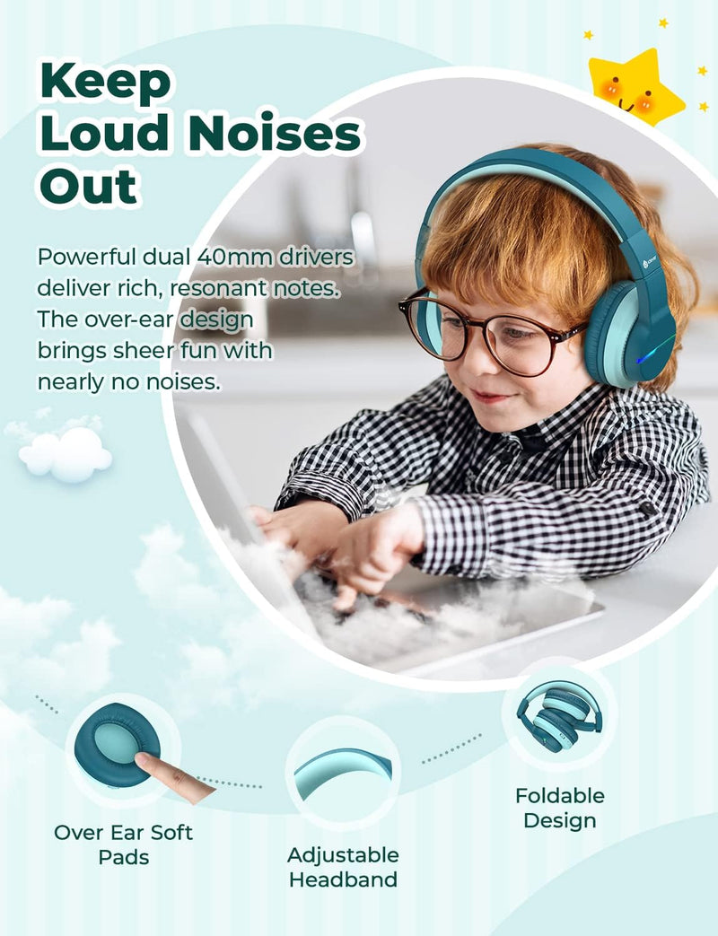iClever Bluetooth Kinder Kopfhörer, Farbige LED-Leuchten, Kinderkopfhörer Over-Ear mit 74/85/94dB La