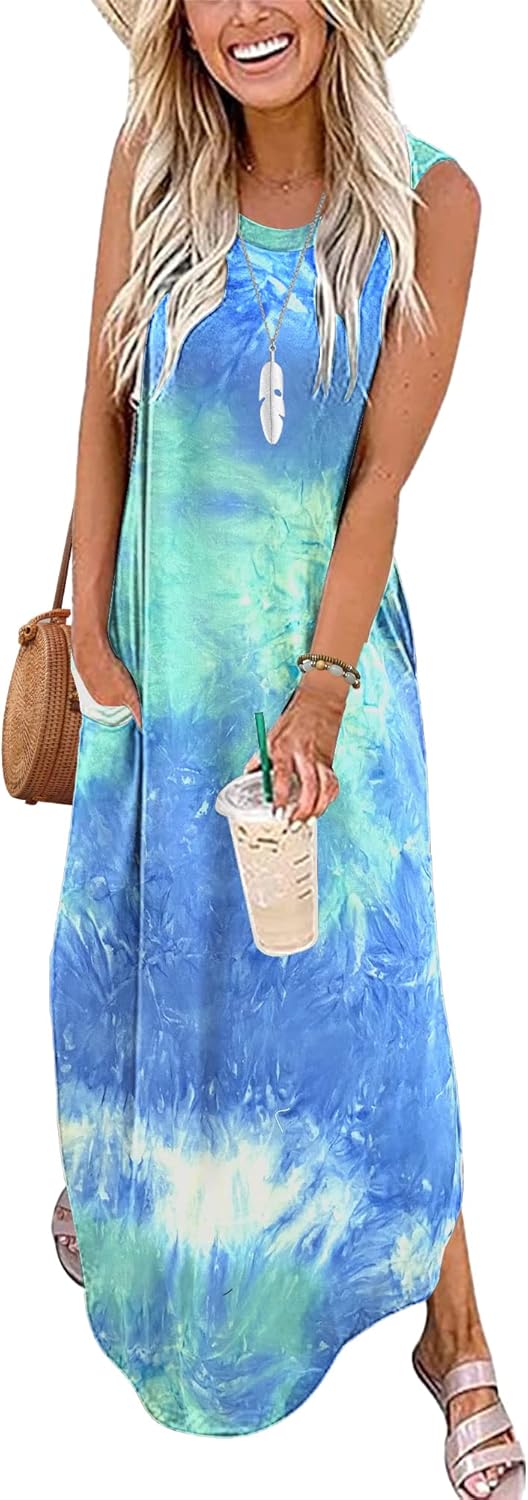 AUSELILY Maxikleider Damen Sommer Ärmellos Strandkleid Lang Sommer-Kleider M Gefärbt Blau Grün Weiss
