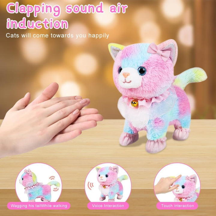 Spielzeug Katze für Kinder, Interaktive Plschkatze mit Gehen, Bellen, Schwanzwedeln, Katze Spielzeug