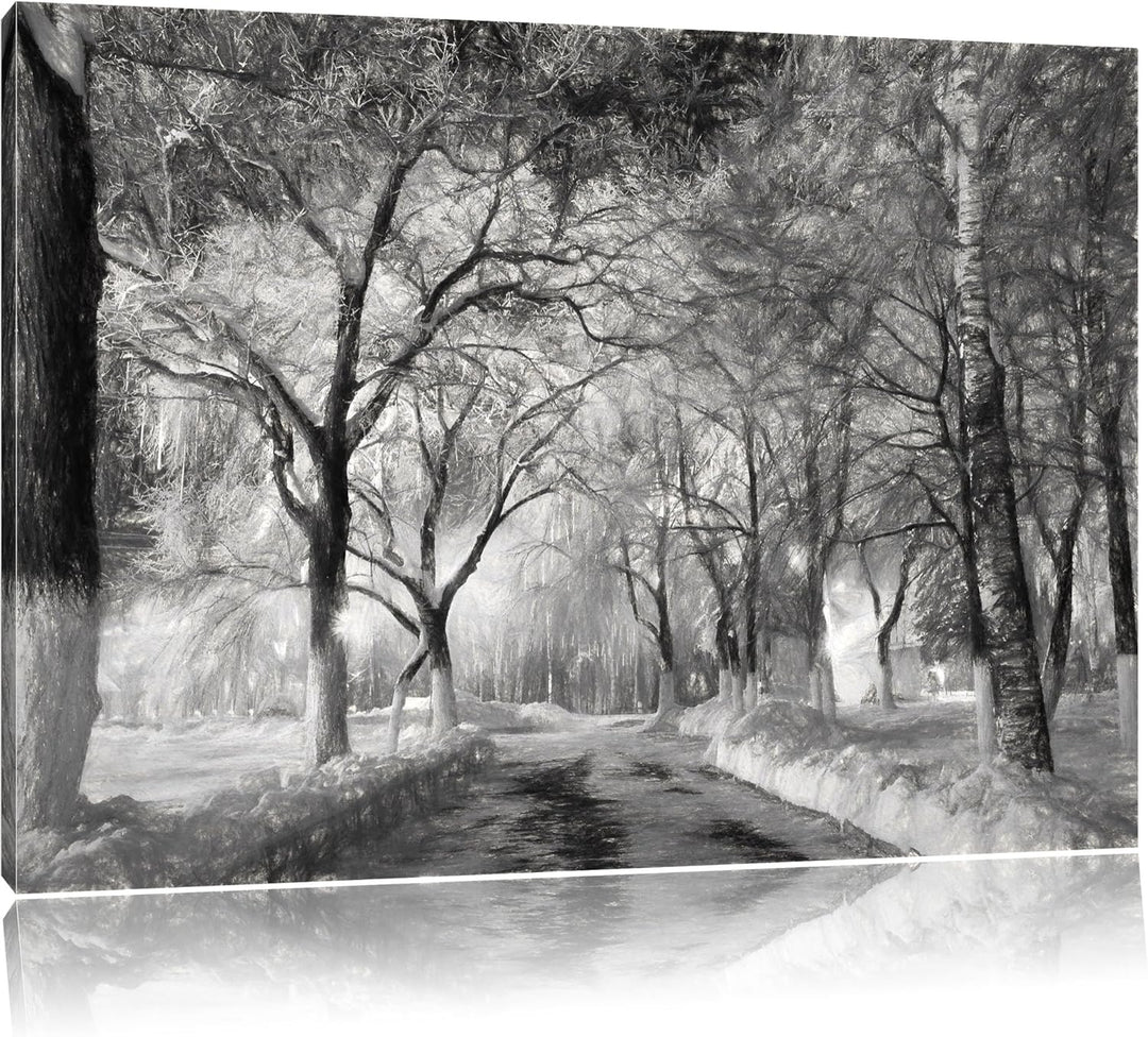 Pixxprint Baumallee im Winter Kohle Zeichnung Effekt, Format: 100x70 auf Leinwand, 100x70