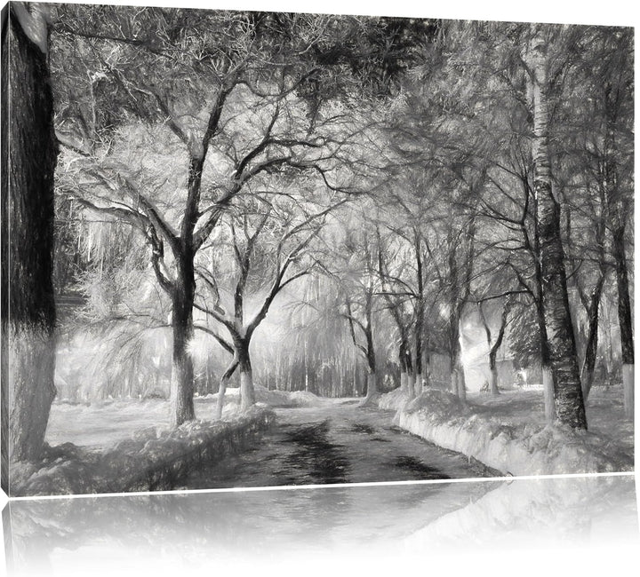 Pixxprint Baumallee im Winter Kohle Zeichnung Effekt, Format: 100x70 auf Leinwand, 100x70