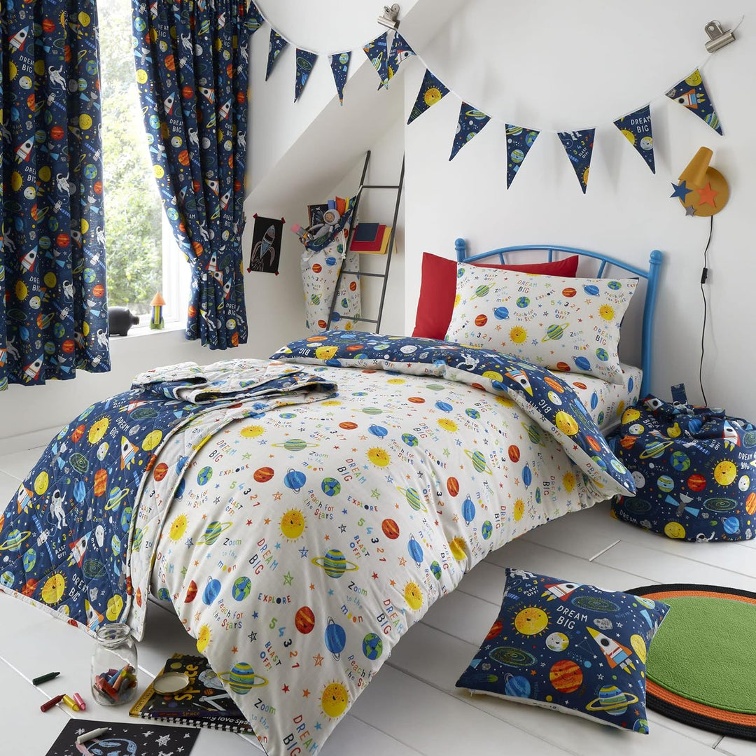 Happy Linen Company Bettwäsche-Set für Mädchen, Jungen, Kinder, Weltraumplaneten, Marineblau, wendba