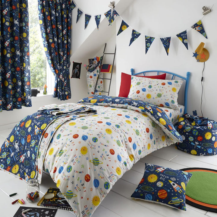 Happy Linen Company Bettwäsche-Set für Mädchen, Jungen, Kinder, Weltraumplaneten, Marineblau, wendba