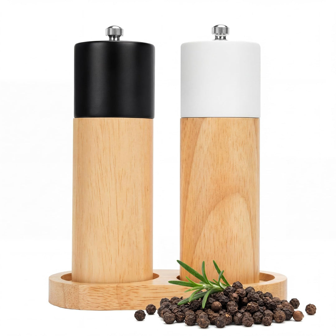 Salz Pfeffermühle Set, Gewürzmühlen-Set Mit Untersetzer, Salz Und Pfeffermühle 3er Set Aus Holz, Ker