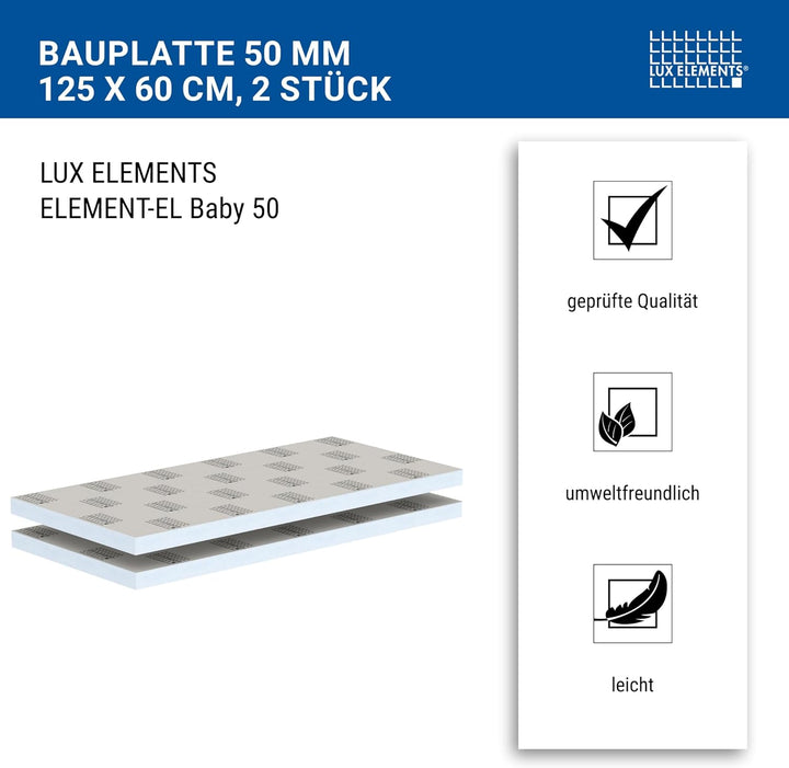 LUX ELEMENTS Bauplatte Fertig zum Verfliesen, 125 x 60 cm, 2 Stück (1,5 qm) LELEE4144, Grau, 50 mm B