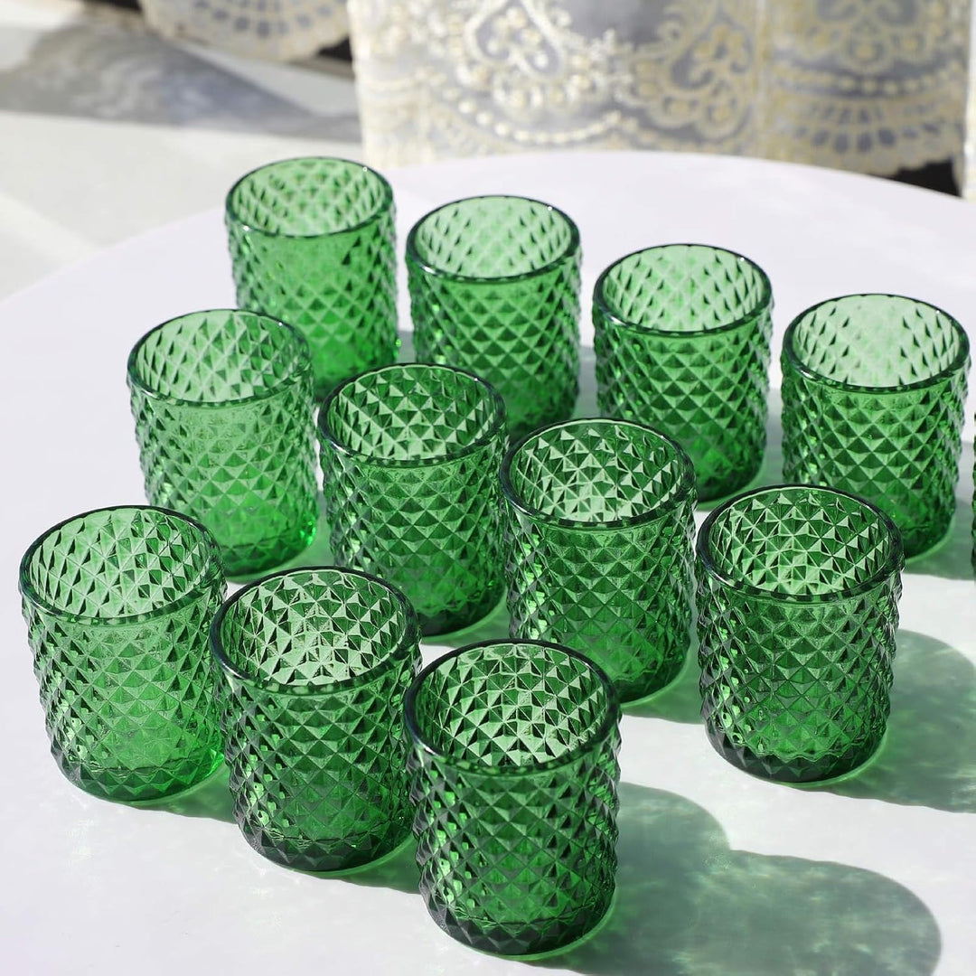 Vohocandle 12 Stück Grüne Teelichthalter aus Glas für Hochzeitstisch, Teelichtgläser Jahrgang für Ba