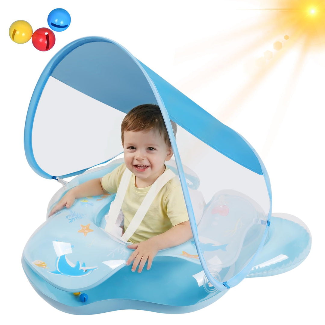 Baby Schwimmring mit abnehmbarem Sonnenschutz und Glöckchen, inklusive 1 x Handpumpe und 2 x Reparat