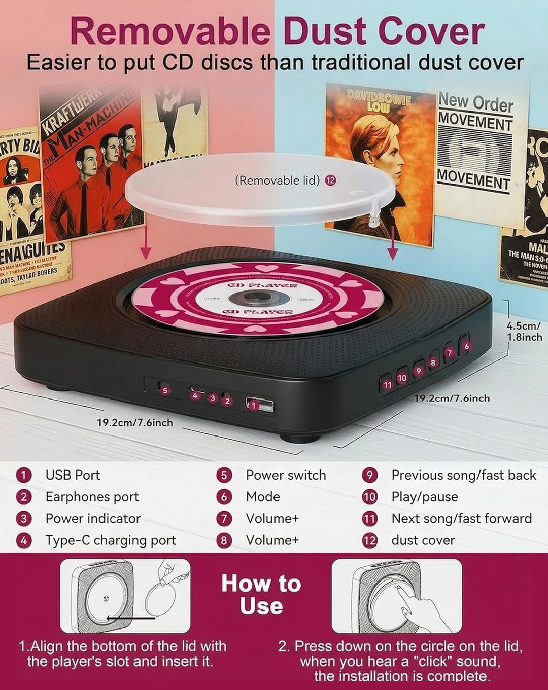 CD Player Tragbar Bluetooth Radio mit CD-Player mit Lautsprecher Unterstützung USB & AUX-Wiedergabe