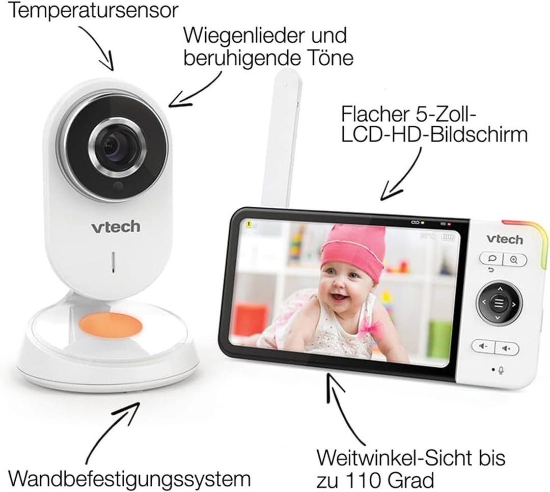 VTech - BM818 – Video-Babyphone Wide View HD – Display 5 Zoll (12,7 cm) Ultra Flach HD – Nachtlicht