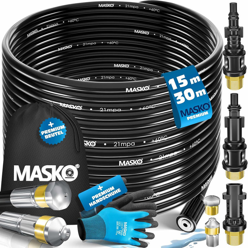 MASKO® Premium Rohrreinigungsschlauch Set Abflussreiniger 15m, 200 bar inkl. Tasche 3 Adapter 2 Düse